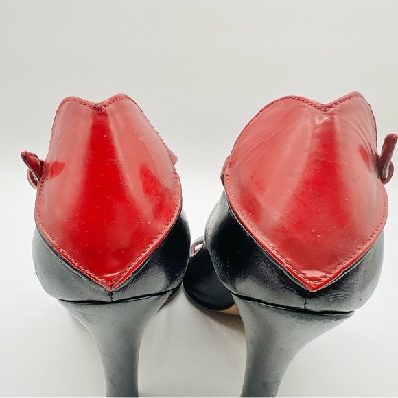 LOVE MOSCHINO PUMPS OPEN TOE LEATHER HEEL RED AND BLACK SHOE HEART SHAPE SIZE 38 - Picture 6 of 17